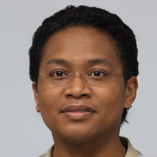 Joyful black adult female with short  brown hair and brown eyes