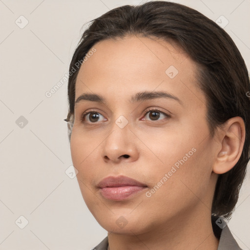 Neutral white young-adult female with medium  brown hair and brown eyes