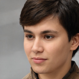 Joyful white young-adult male with medium  brown hair and brown eyes