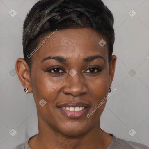 Joyful black young-adult female with short  brown hair and brown eyes