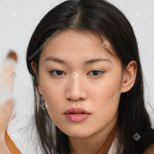 Neutral asian young-adult female with long  brown hair and brown eyes