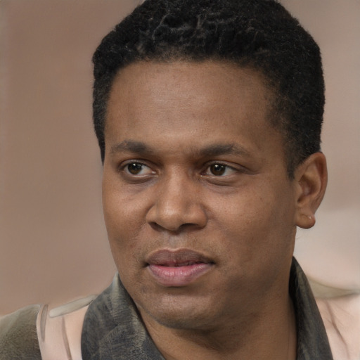 Joyful latino adult male with short  black hair and brown eyes