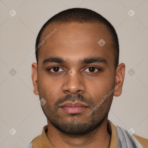 Neutral latino young-adult male with short  black hair and brown eyes