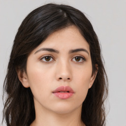 Neutral asian young-adult female with long  brown hair and brown eyes