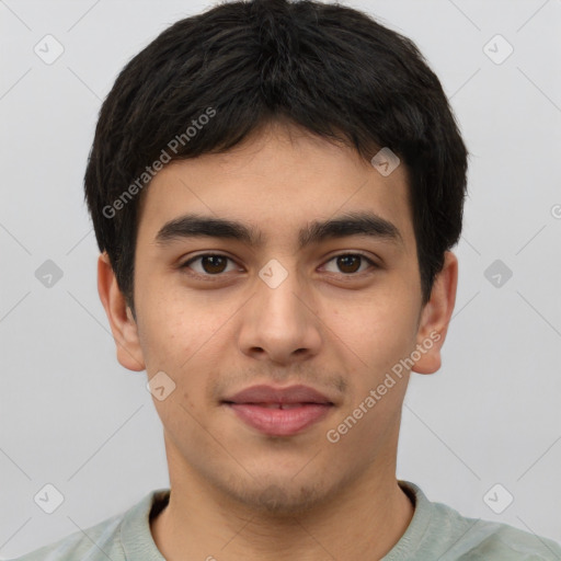 Joyful latino young-adult male with short  brown hair and brown eyes