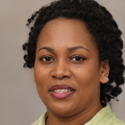 Joyful black adult female with long  brown hair and brown eyes