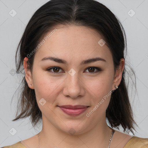 Joyful white young-adult female with medium  brown hair and brown eyes