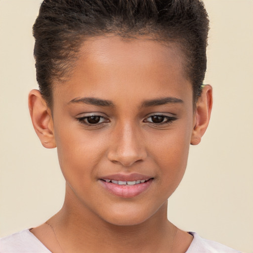 Joyful white child female with short  brown hair and brown eyes