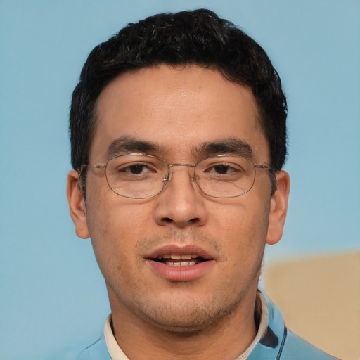 Neutral asian adult male with short  black hair and brown eyes