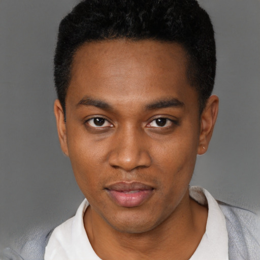 Neutral black young-adult male with short  black hair and brown eyes