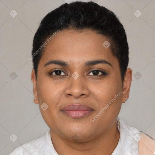 Joyful latino young-adult female with short  brown hair and brown eyes