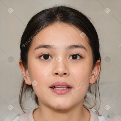 Joyful white child female with medium  brown hair and brown eyes