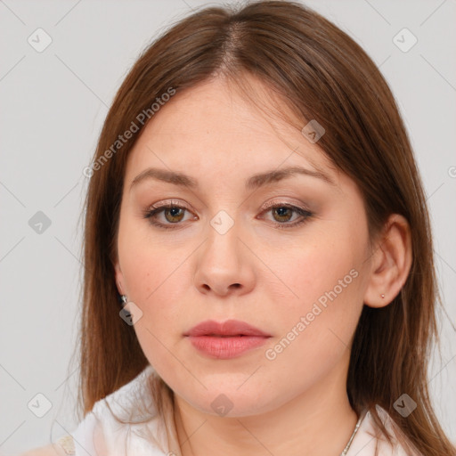 Neutral white young-adult female with medium  brown hair and brown eyes