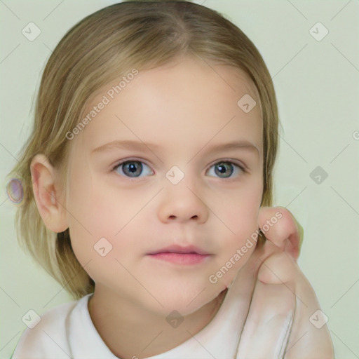 Neutral white child female with medium  brown hair and blue eyes