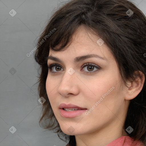 Neutral white young-adult female with medium  brown hair and brown eyes