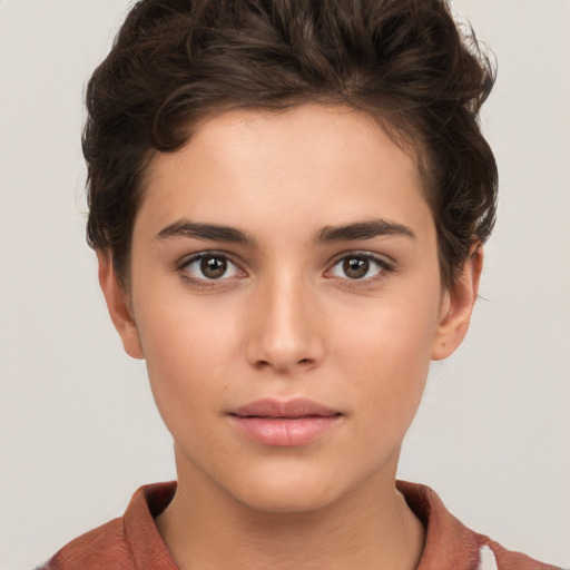 Neutral white young-adult female with short  brown hair and brown eyes