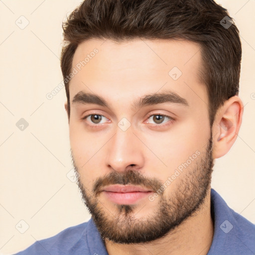 Neutral white young-adult male with short  brown hair and brown eyes