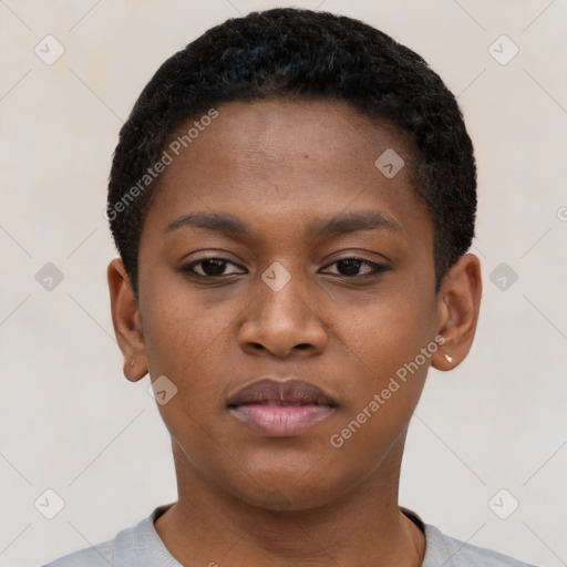 Neutral black young-adult female with short  black hair and brown eyes