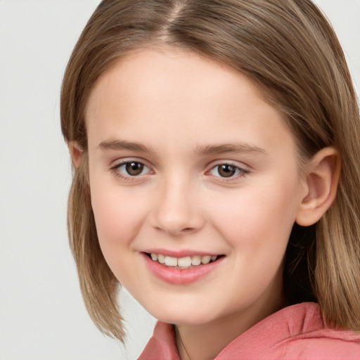 Joyful white child female with medium  brown hair and brown eyes