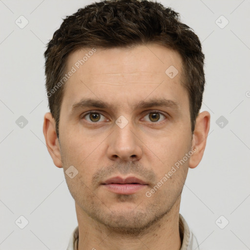 Neutral white young-adult male with short  brown hair and brown eyes