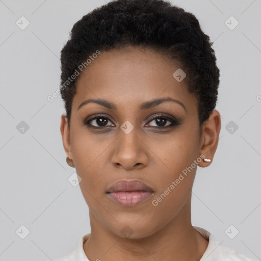 Neutral black young-adult female with short  brown hair and brown eyes