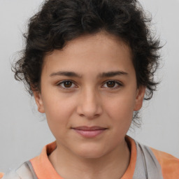 Joyful white child female with medium  brown hair and brown eyes