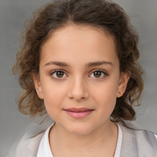 Joyful white child female with medium  brown hair and brown eyes