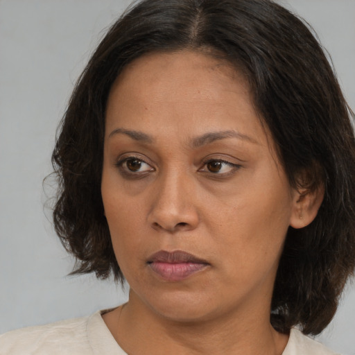 Joyful white adult female with medium  brown hair and brown eyes