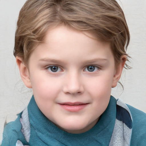 Joyful white child female with medium  brown hair and blue eyes