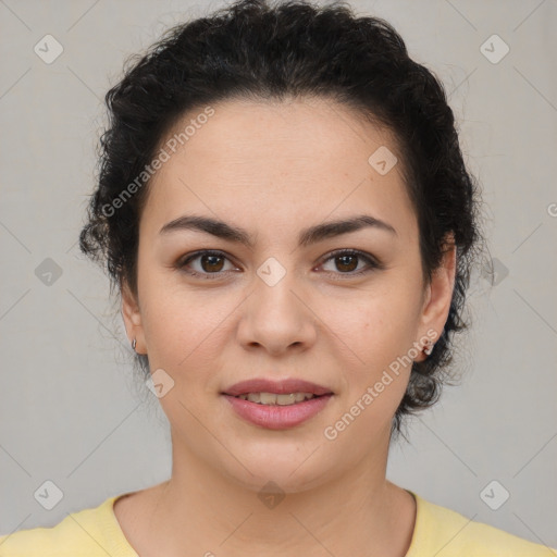 Joyful latino young-adult female with short  brown hair and brown eyes