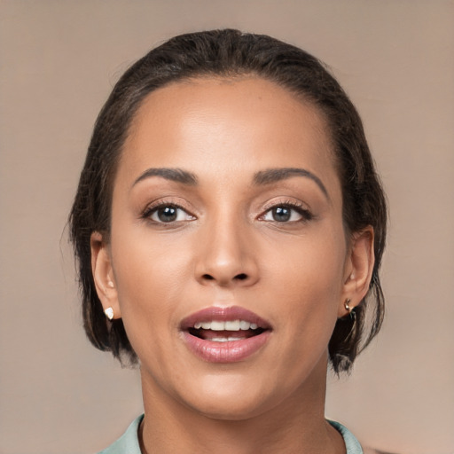 Joyful white young-adult female with medium  brown hair and brown eyes