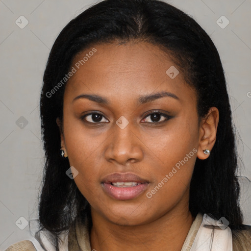 Neutral black young-adult female with medium  black hair and brown eyes