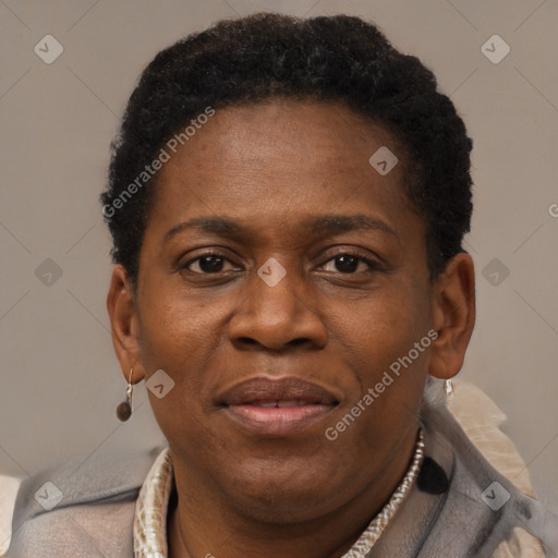 Joyful black adult female with short  brown hair and brown eyes