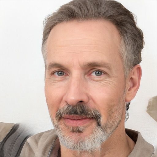 Neutral white middle-aged male with short  brown hair and grey eyes