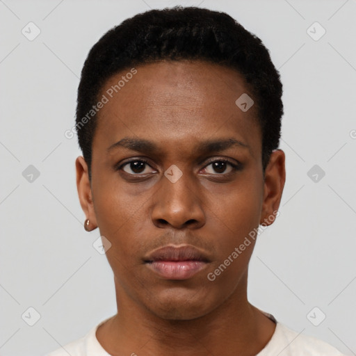 Neutral black young-adult male with short  black hair and brown eyes