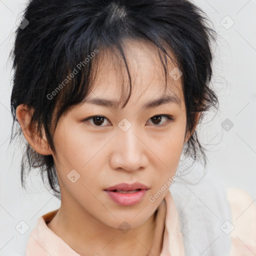 Neutral asian young-adult female with medium  brown hair and brown eyes