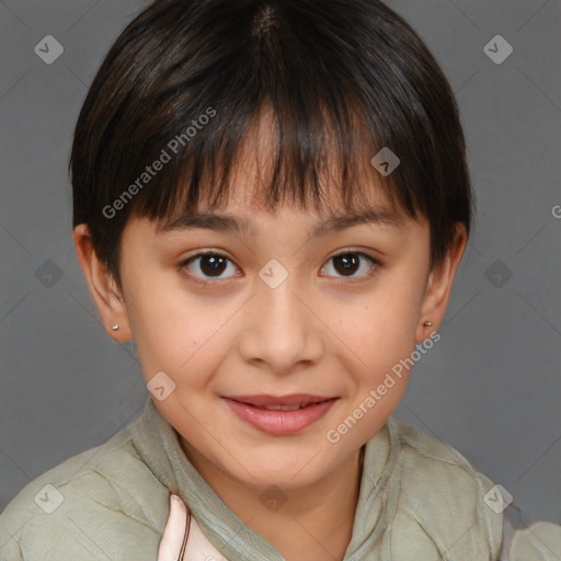 Joyful white child female with short  brown hair and brown eyes