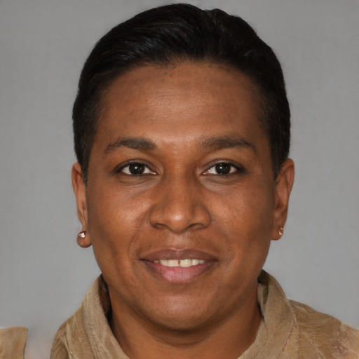 Joyful black adult male with short  brown hair and brown eyes