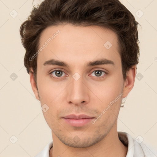 Neutral white young-adult male with short  brown hair and brown eyes