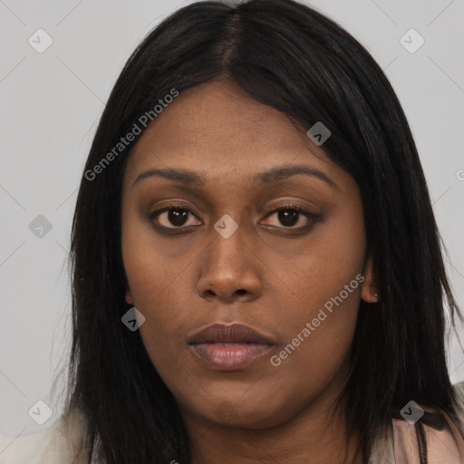 Neutral asian young-adult female with long  black hair and brown eyes