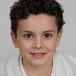 Joyful white child female with short  brown hair and brown eyes