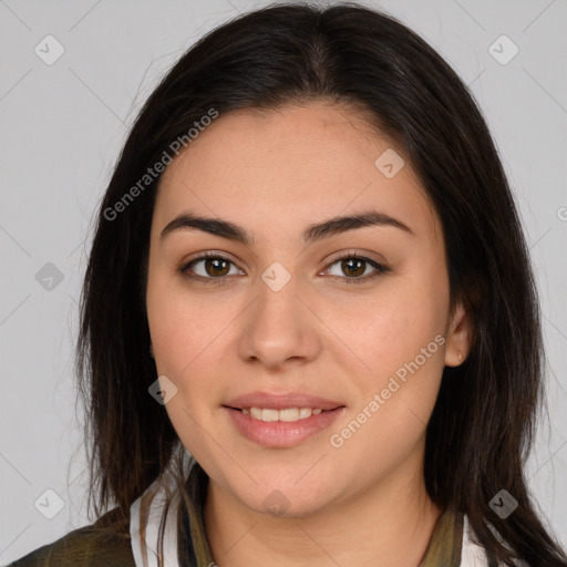 Joyful white young-adult female with medium  brown hair and brown eyes