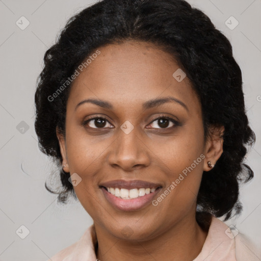 Joyful black young-adult female with medium  black hair and brown eyes