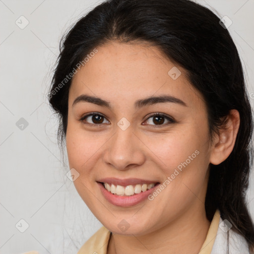 Joyful white young-adult female with medium  brown hair and brown eyes