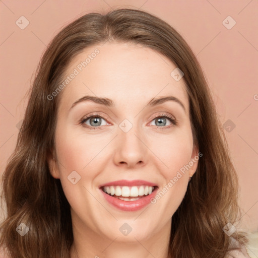 Joyful white young-adult female with medium  brown hair and green eyes