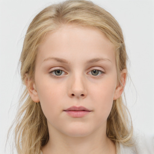 Neutral white child female with medium  brown hair and blue eyes