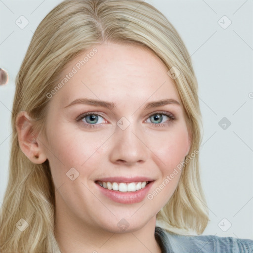 Joyful white young-adult female with medium  brown hair and blue eyes