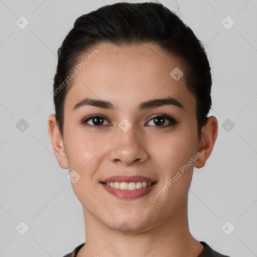 Joyful white young-adult female with short  brown hair and brown eyes