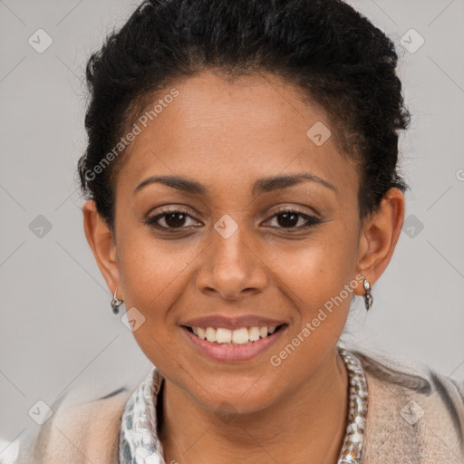 Joyful latino young-adult female with short  brown hair and brown eyes