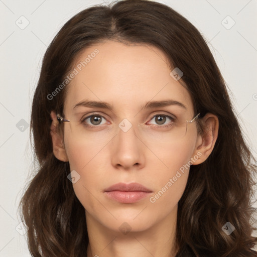 Neutral white young-adult female with long  brown hair and grey eyes